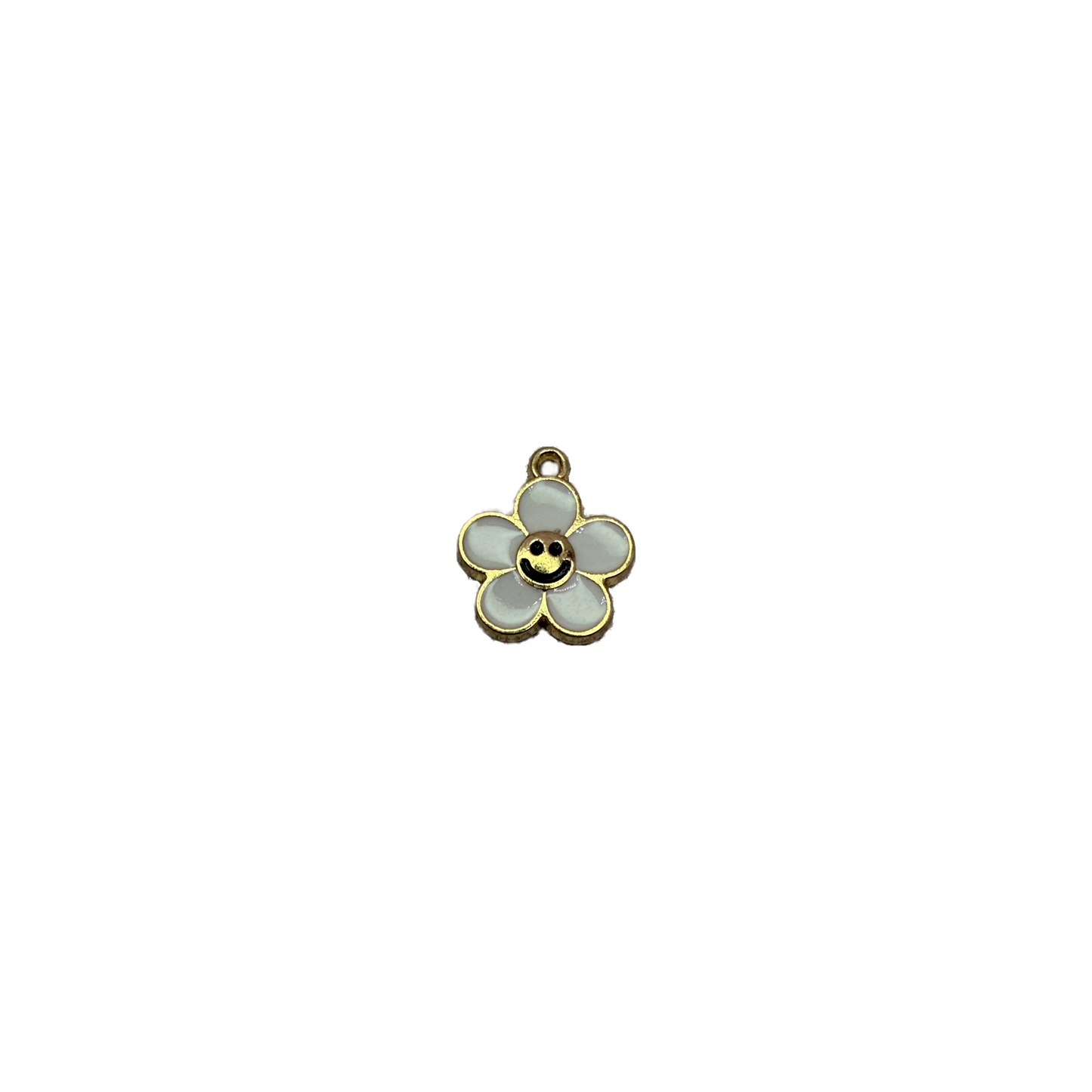 White daisy with smiley face in gold outline