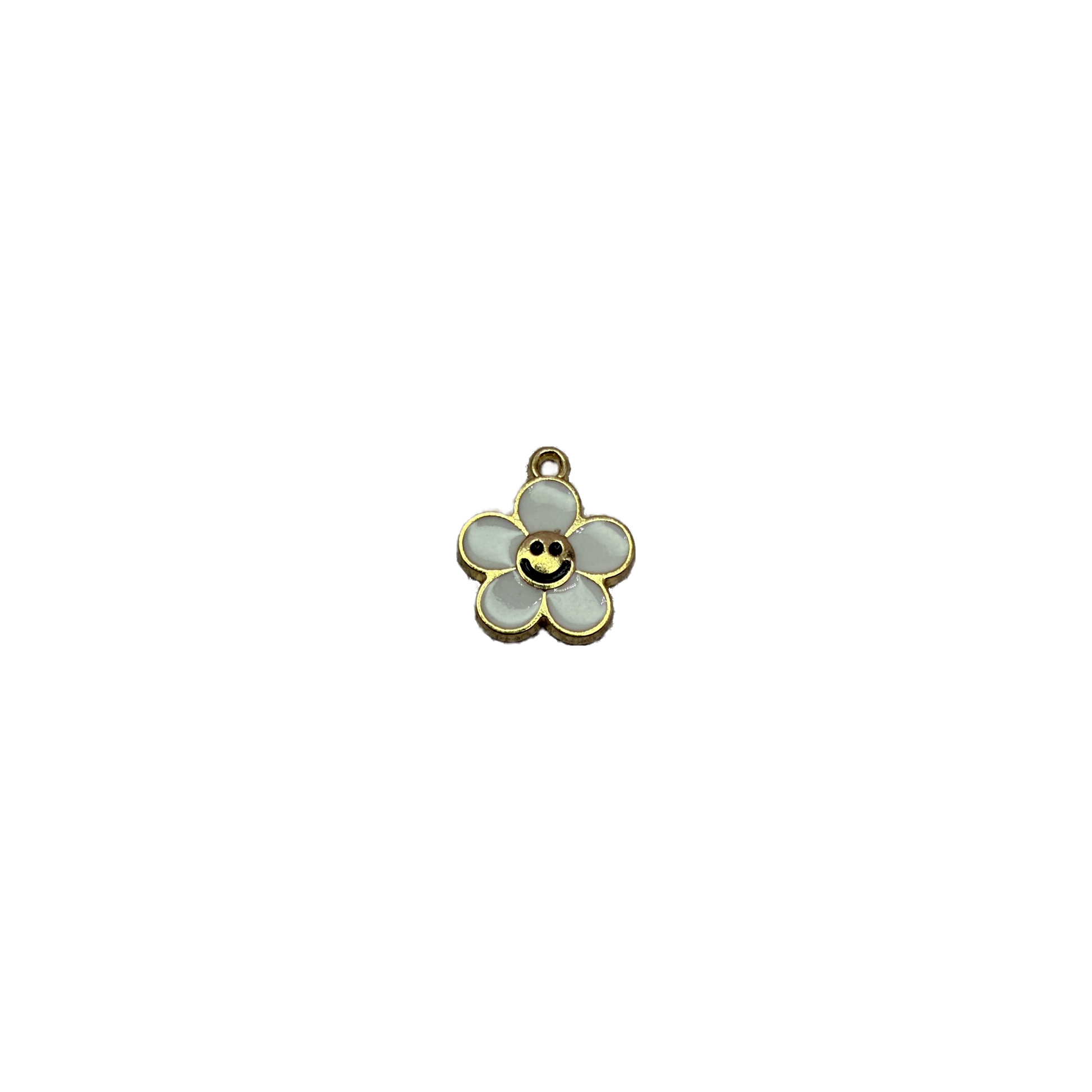 White daisy with smiley face in gold outline