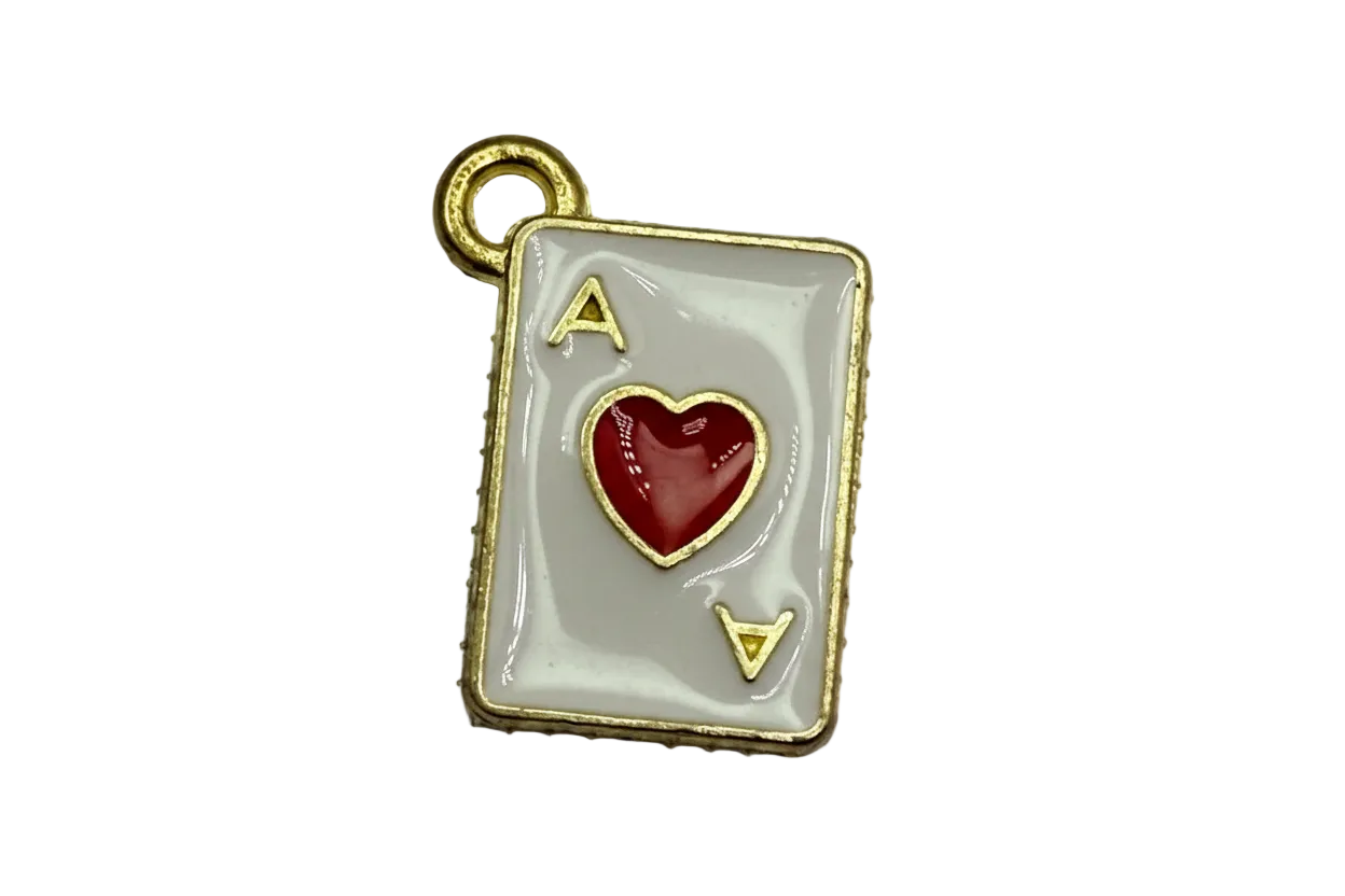 Gold-tone ace of hearts playing card with glossy ivory enamel and red heart