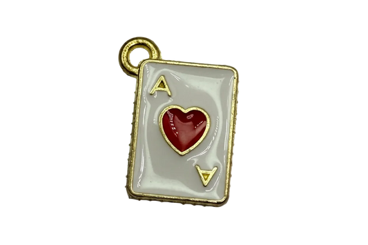 Gold-tone ace of hearts playing card with glossy ivory enamel and red heart