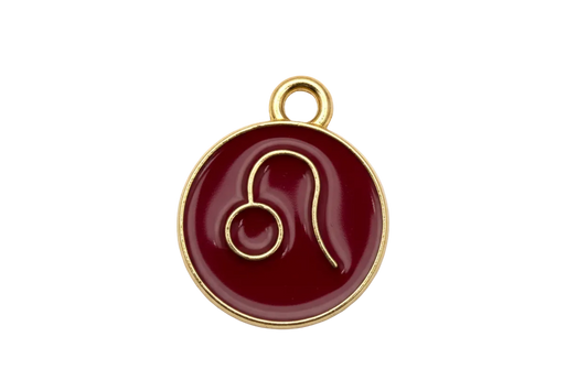 Burgundy enamel Leo zodiac medallion with gold outline and glyph