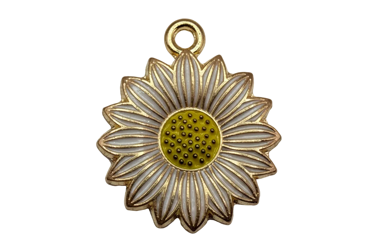 Gold sunflower charm with white enamel petals and yellow center with black dotted details