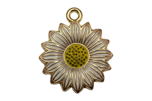 Gold sunflower charm with white enamel petals and yellow center with black dotted details