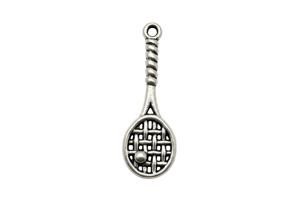 Antique silver tennis racket charm with raised string pattern and textured handle