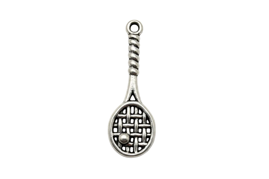 Antique silver tennis racket charm with raised string pattern and textured handle