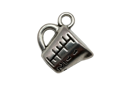Antique silver handbag charm with zipper detailing and black enamel panel