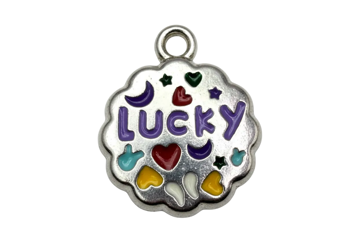 Scalloped silver-tone enamel medallion with purple LUCKY lettering, hearts, moons, and stars