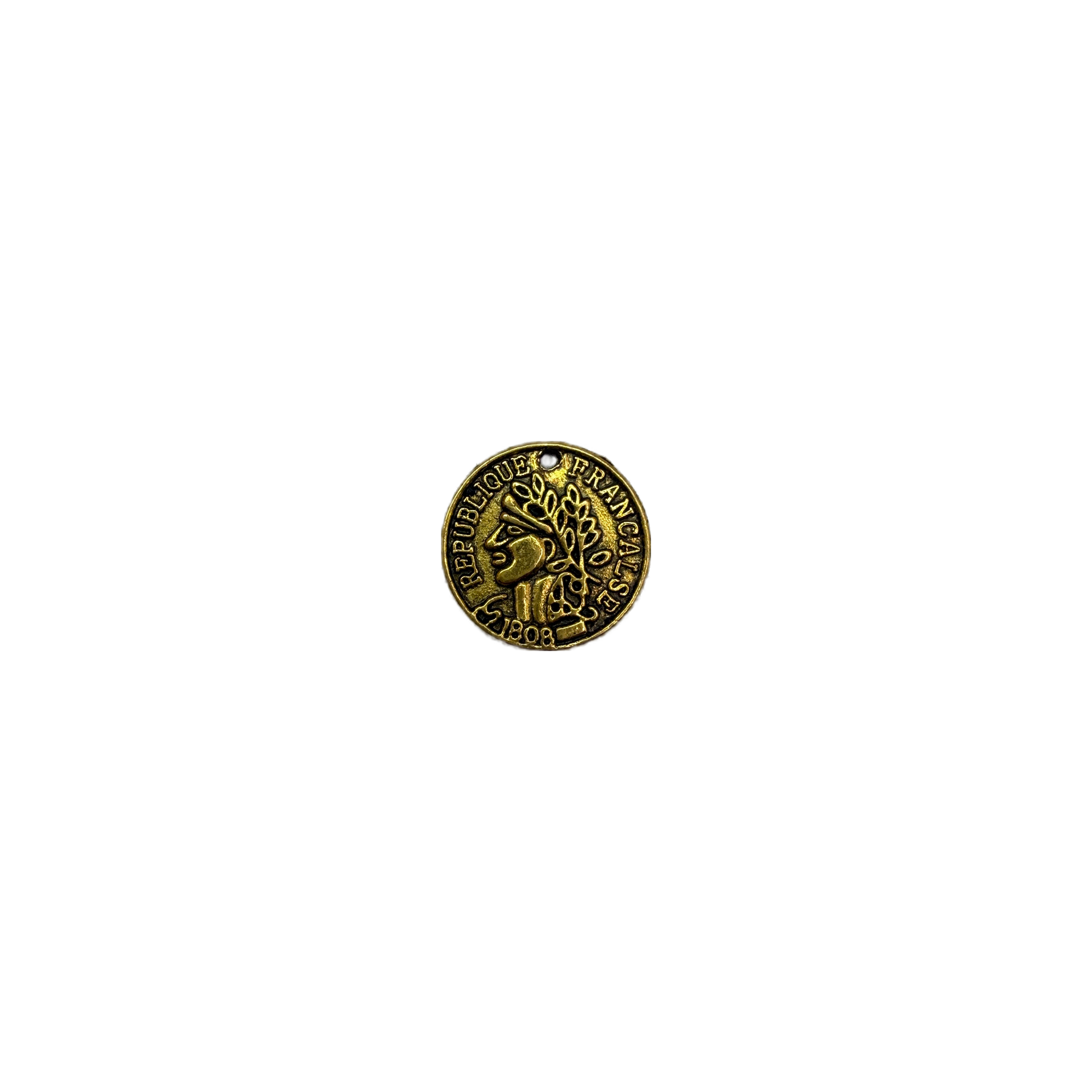 Antiqued gold coin medallion with raised emblem and inscription