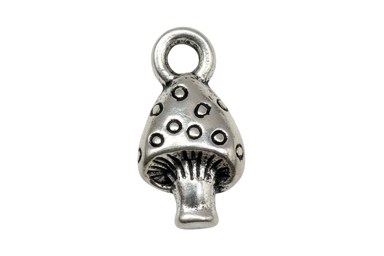 Oxidized silver spotted mushroom pendant with dark dotted cap detailing