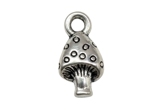 Oxidized silver spotted mushroom pendant with dark dotted cap detailing