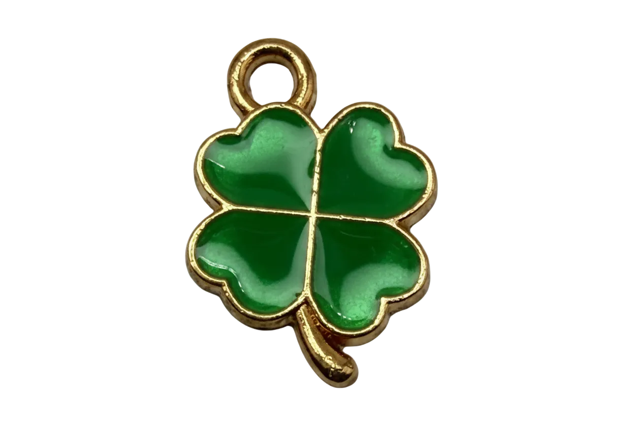 Glossy green four-leaf clover charm with gold outline