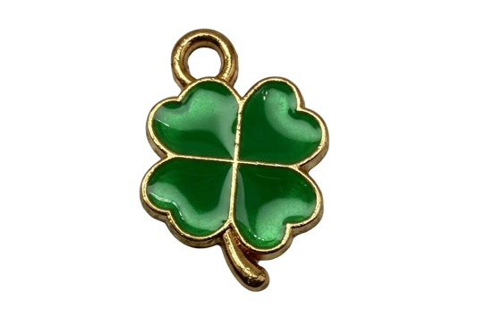Glossy green four-leaf clover charm with gold outline