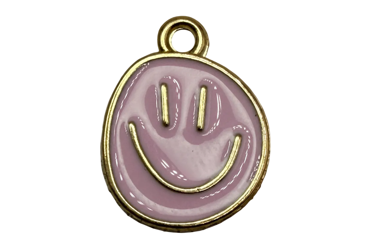 Glossy lavender enamel smiley face disc with gold outline on black background