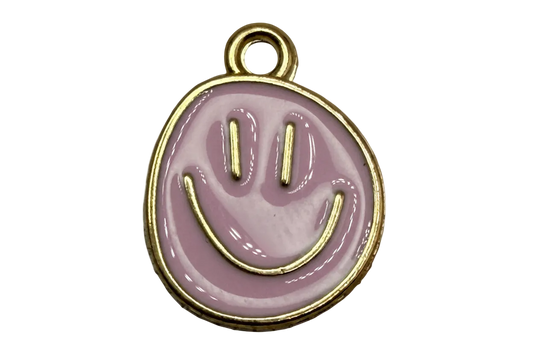 Glossy lavender enamel smiley face disc with gold outline on black background