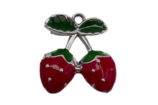 Glossy red cherry pair with green leaves in bright silver finish