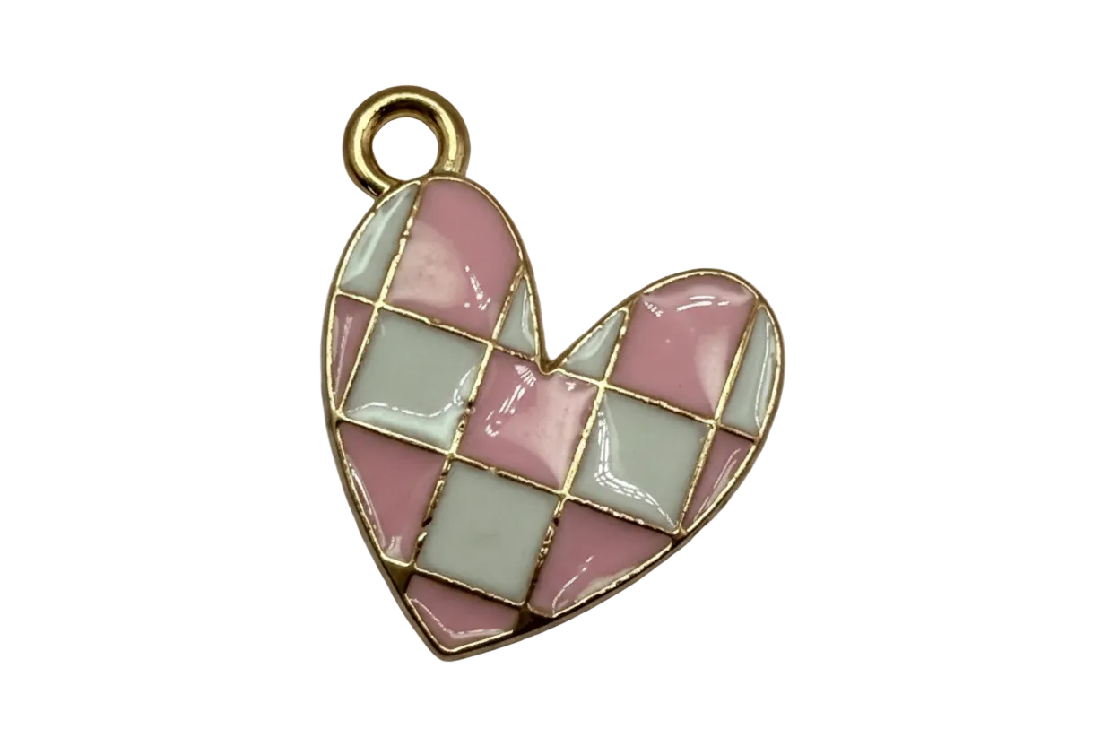 Pink and gray checkerboard heart charm in gold-tone metal with glossy enamel