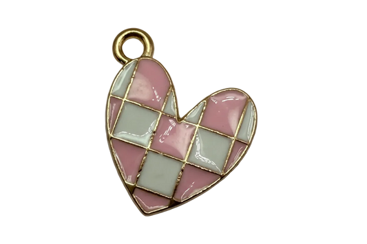 Pink and gray checkerboard heart charm in gold-tone metal with glossy enamel