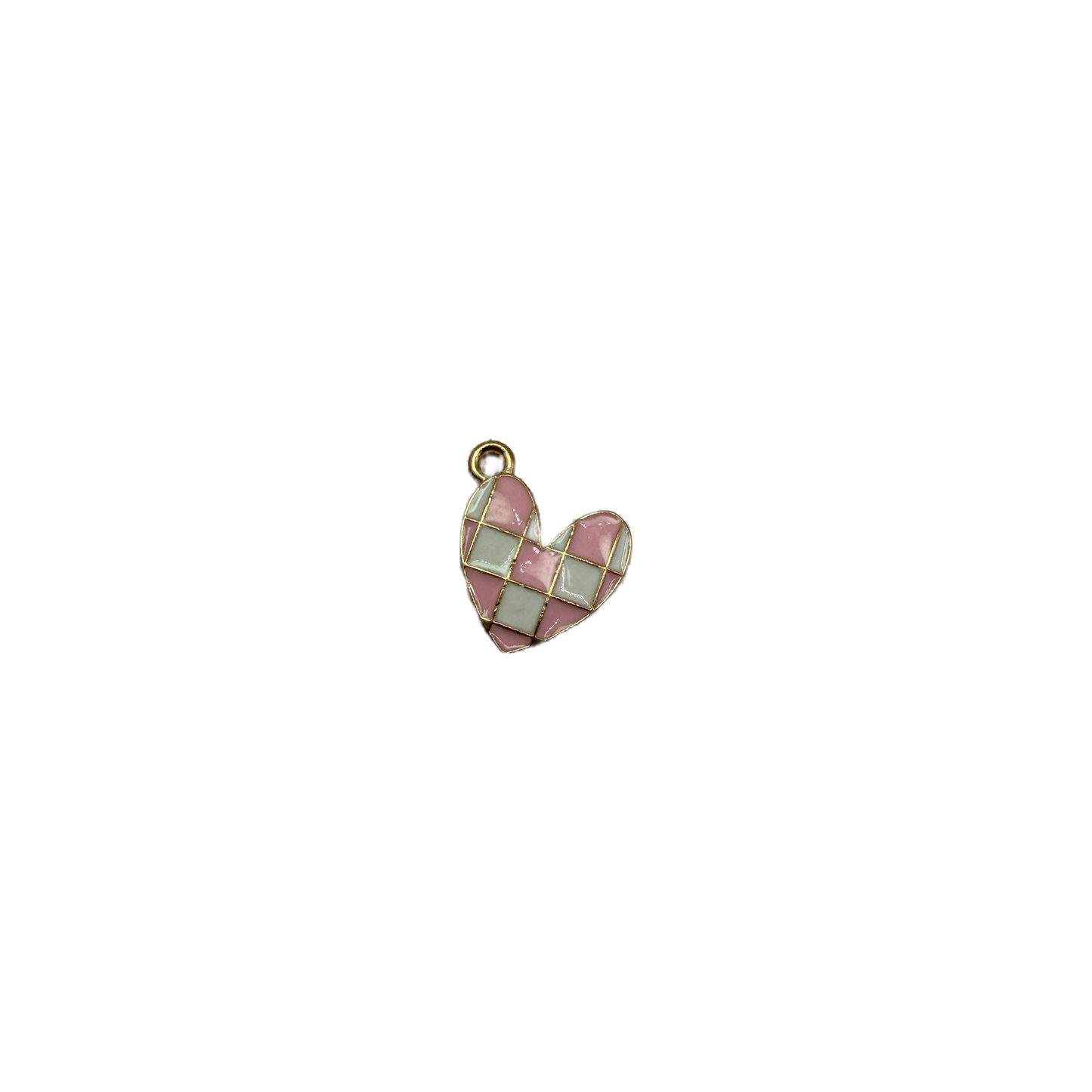 Pink and gray checkerboard heart in gold with glossy enamel