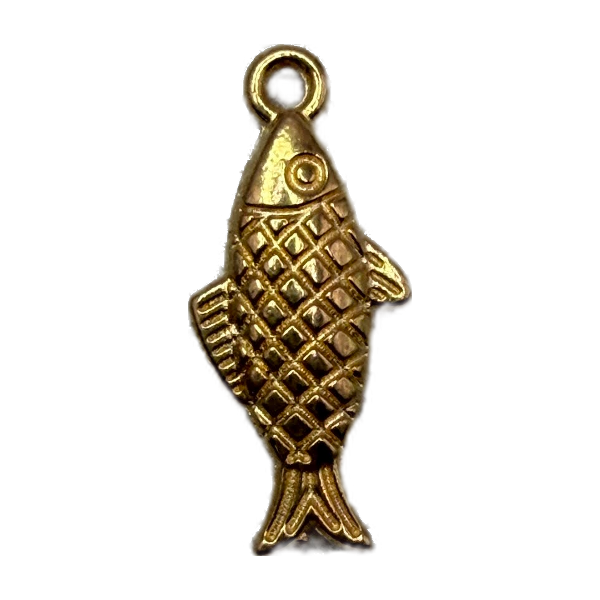 Gold-finish textured fish charm with raised scale detail and fin accents