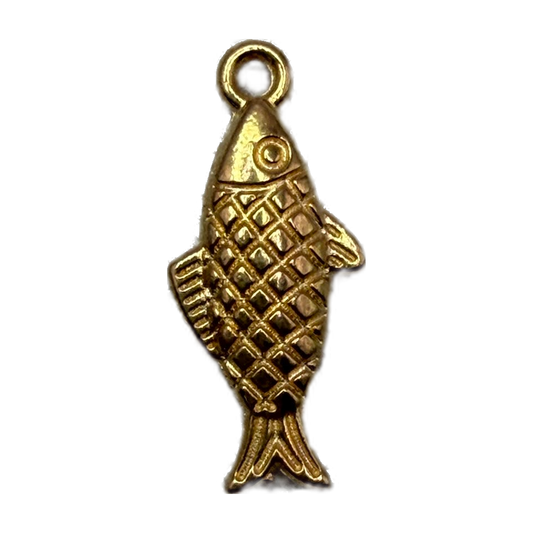 Gold-finish textured fish charm with raised scale detail and fin accents