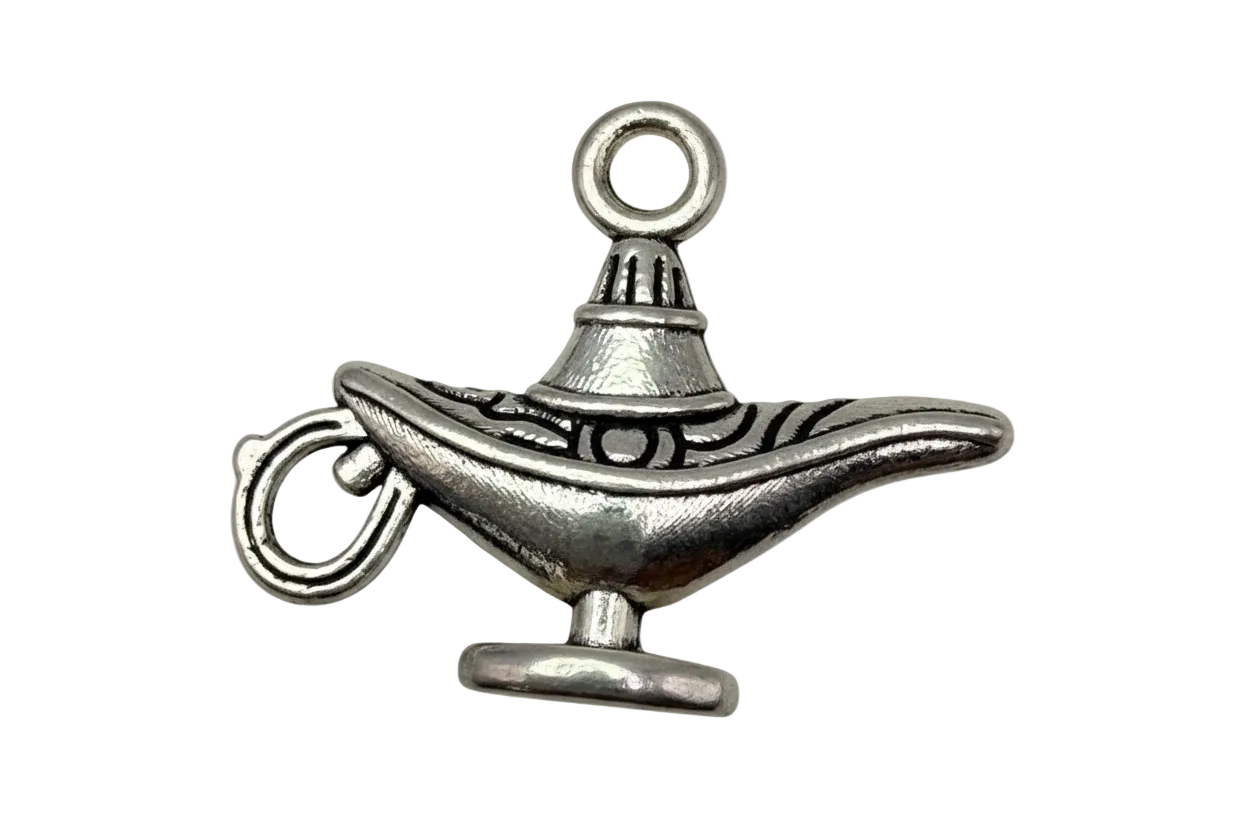 Antique silver magic lamp charm with engraved detailing