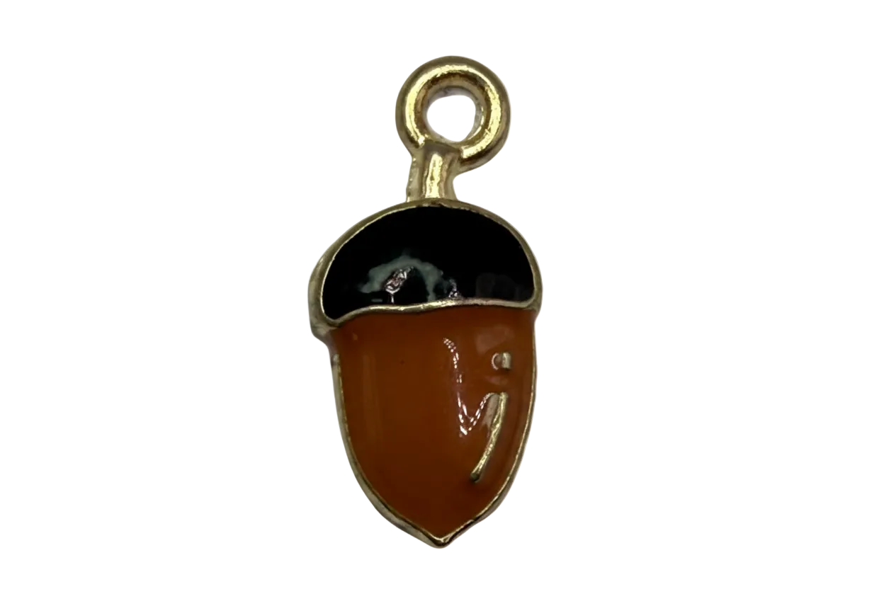 Gold-trimmed acorn charm with glossy brown enamel and black cap