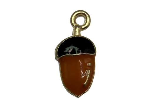 Gold-trimmed acorn charm with glossy brown enamel and black cap