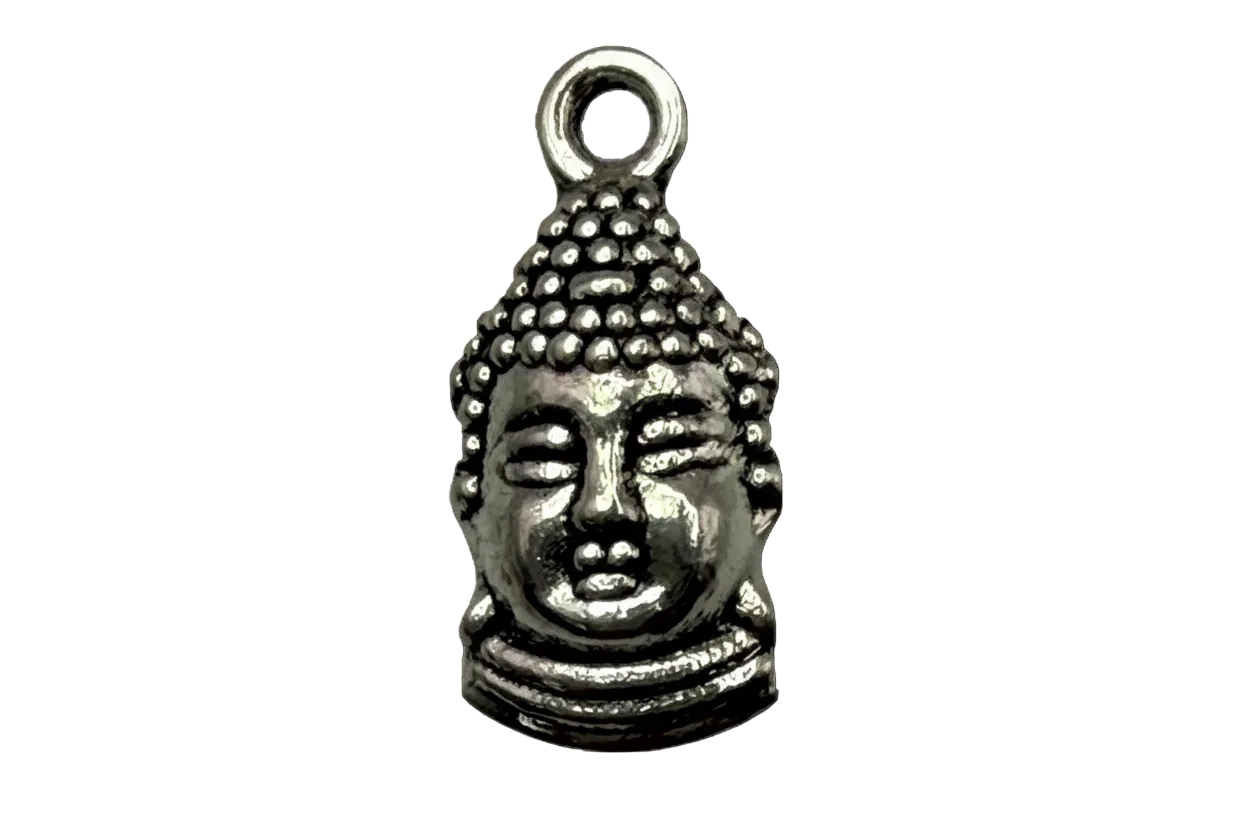 Antiqued silver Buddha head charm with beaded hair texture and serene face