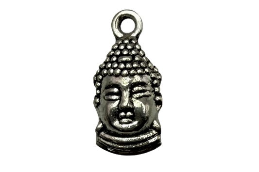 Antiqued silver Buddha head charm with beaded hair texture and serene face