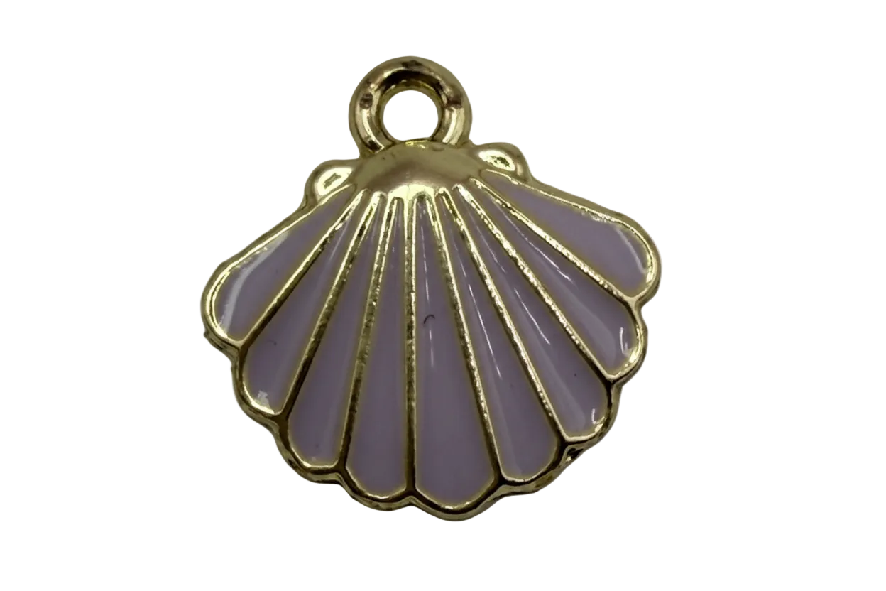 Lavender scallop shell charm with glossy enamel and gold outline