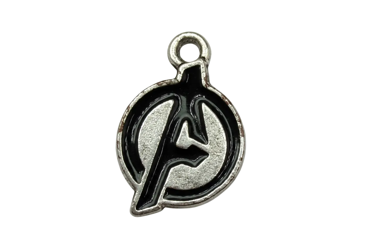Silver round emblem with black enamel letter A design