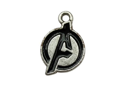 Silver round emblem with black enamel letter A design