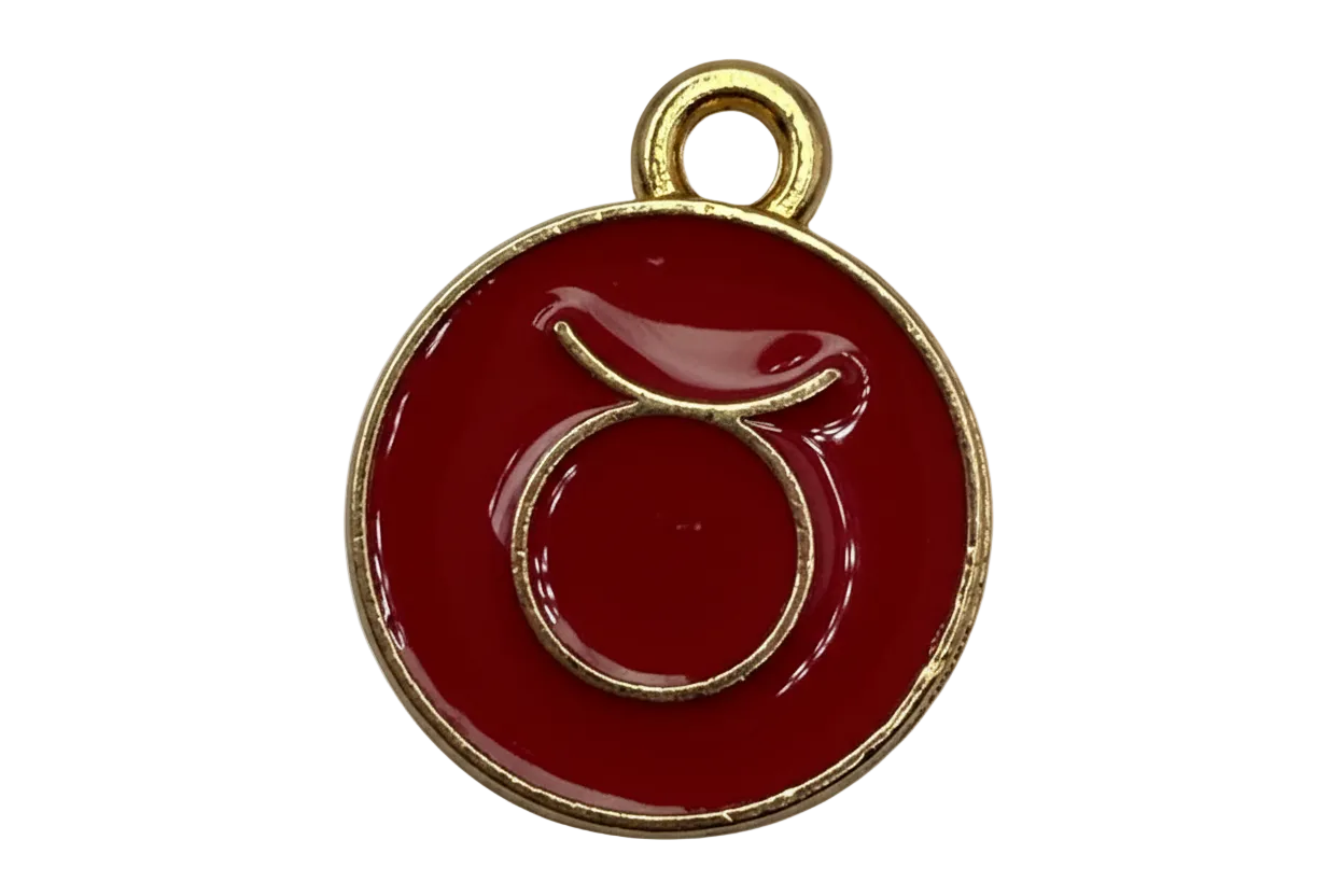 Glossy red enamel Taurus zodiac disc with gold outline