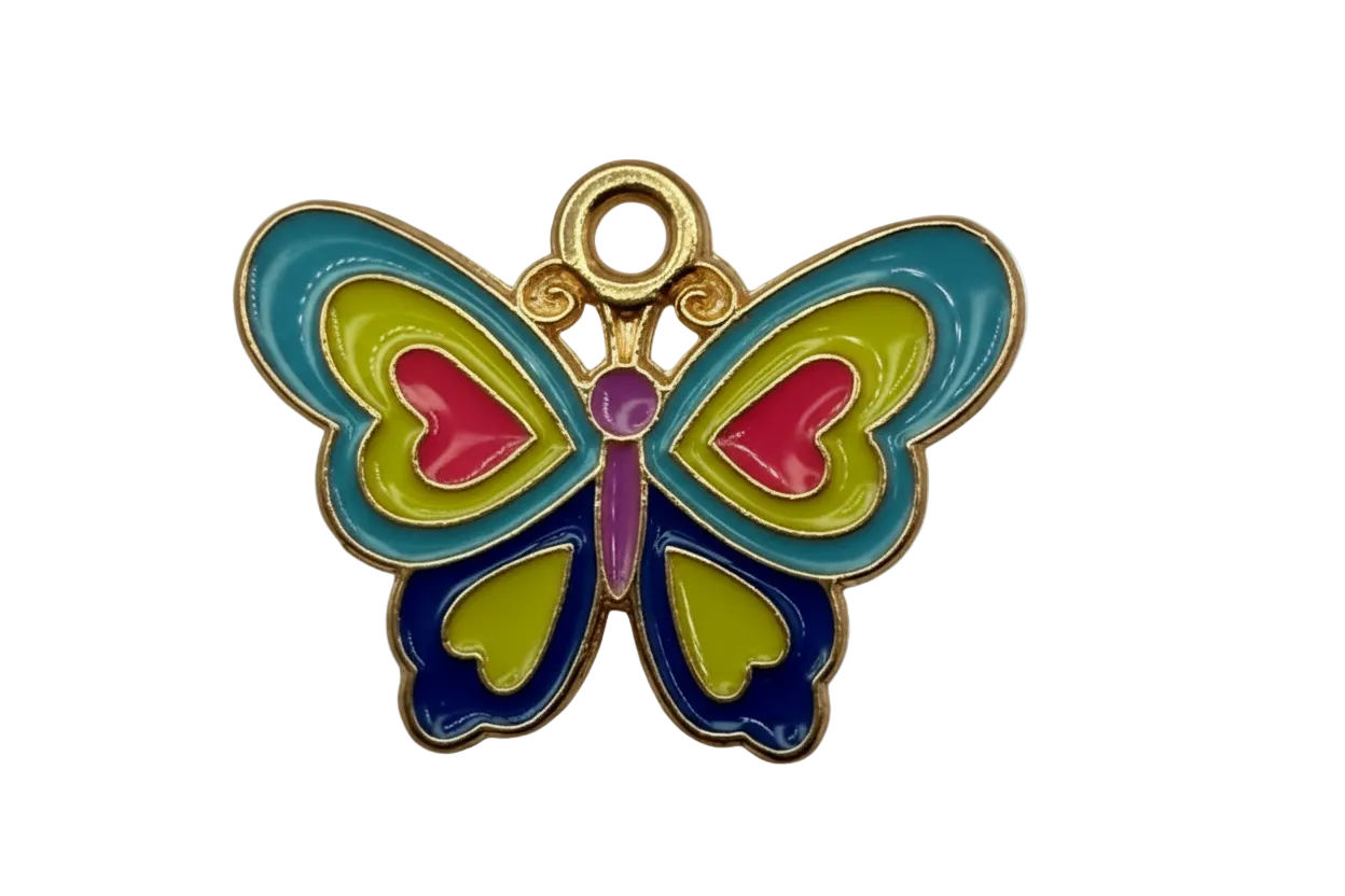 Multicolor enamel butterfly with heart details and gold outline