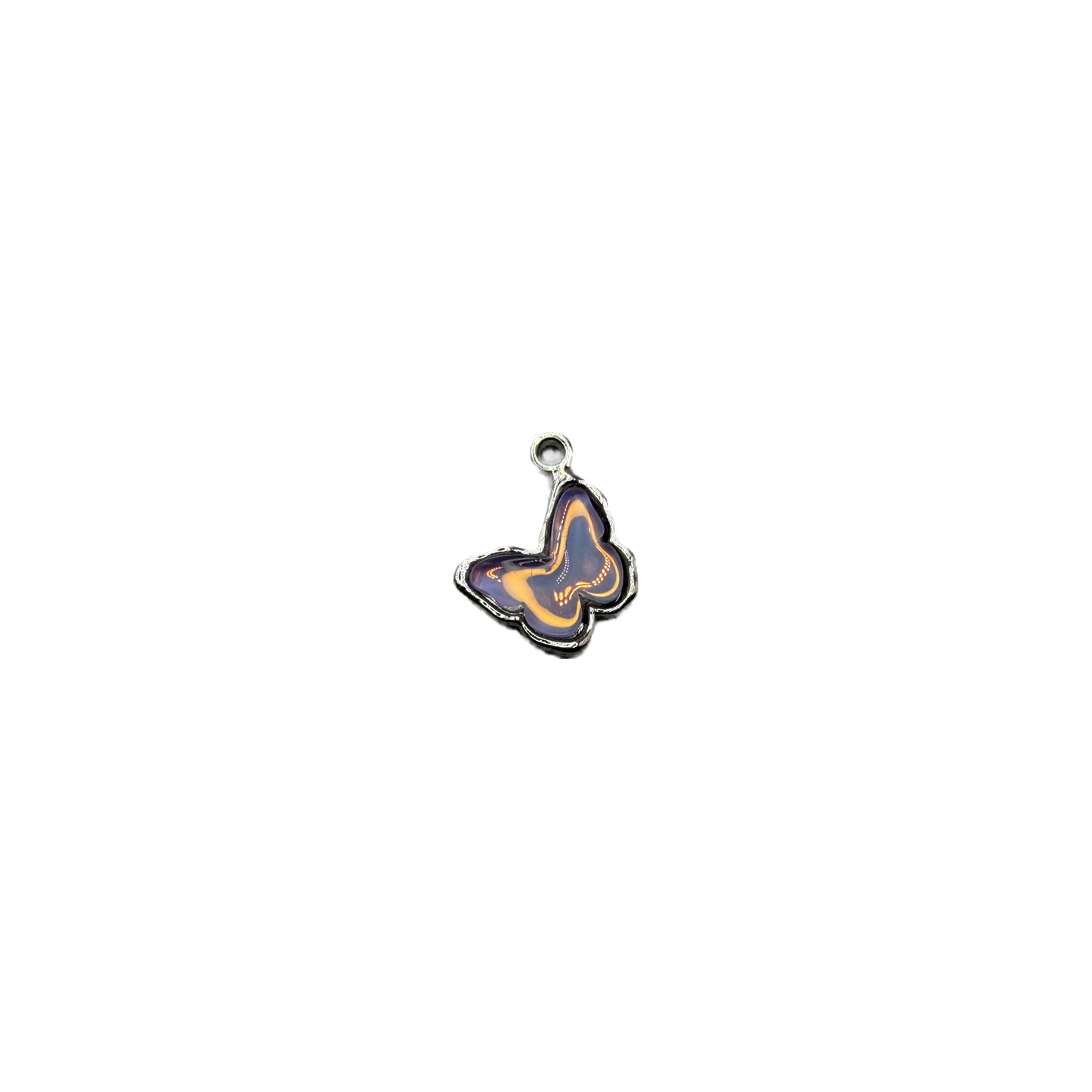 Purple butterfly pendant with golden swirls, silver-tone outline