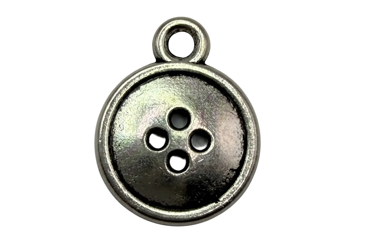 Antique silver button disc with four holes and a rounded rim