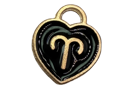 Glossy black heart with gold outline and Aries zodiac symbol