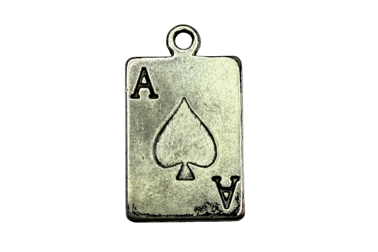 Antique silver ace of spades playing card tag with engraved spade symbol and letter A