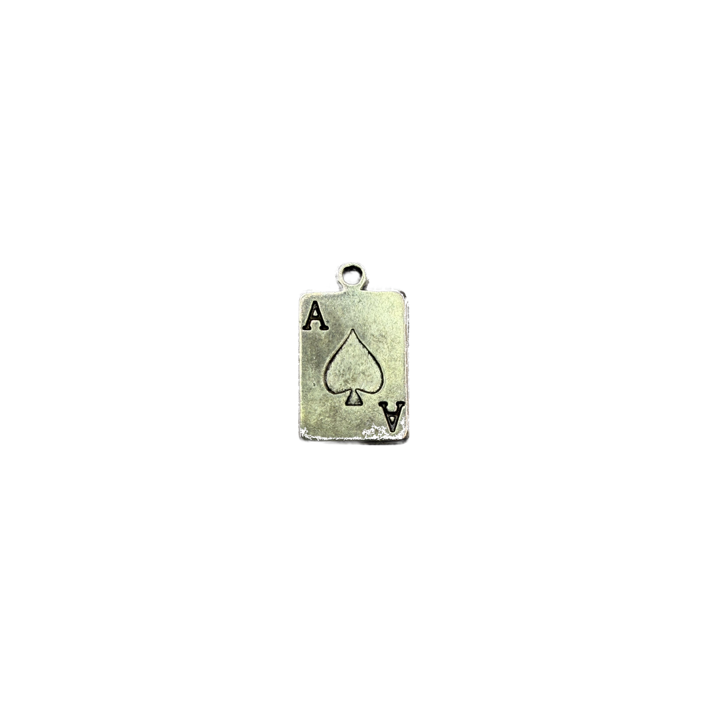 Silver ace of spades tag with engraved spade and letter A