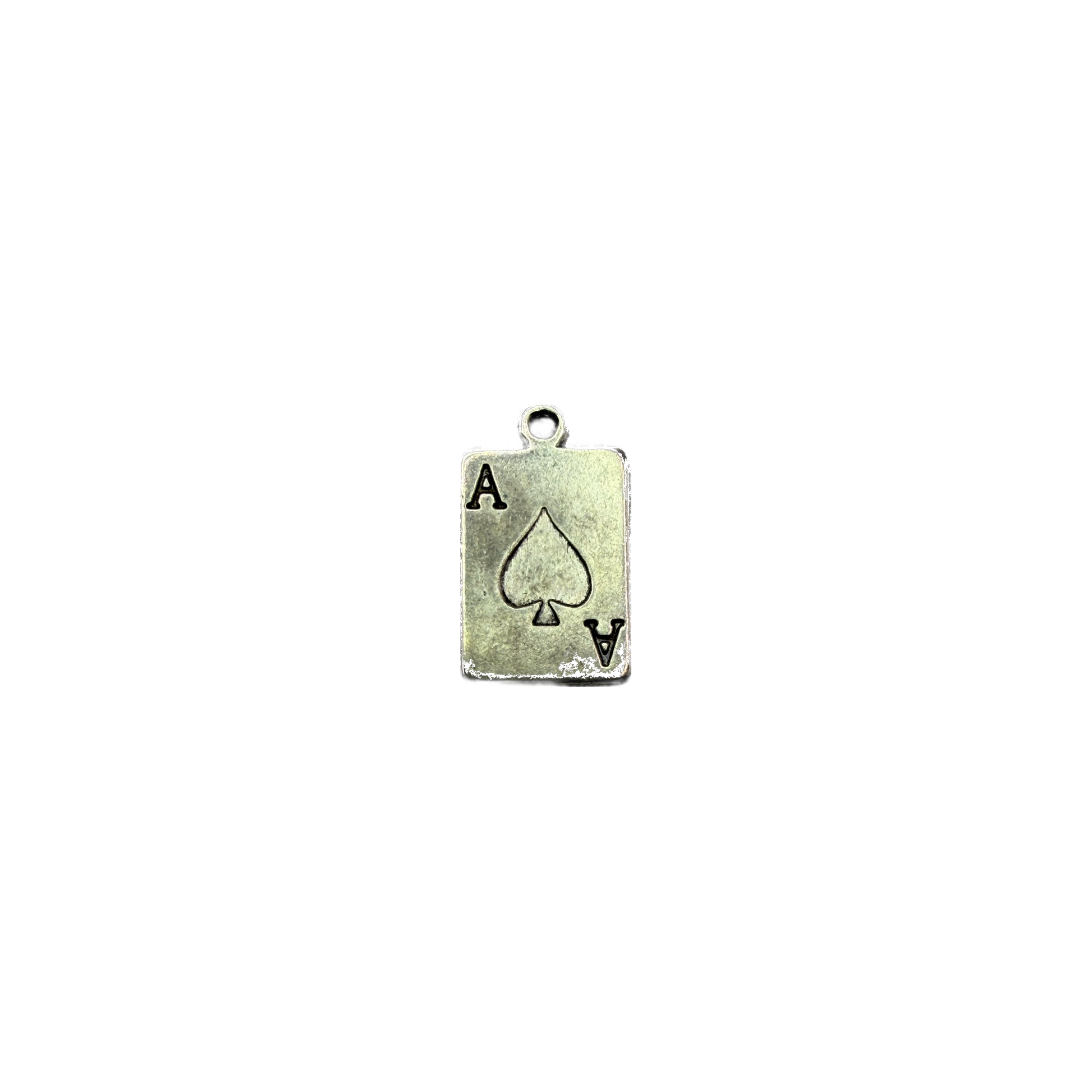 Silver ace of spades tag with engraved spade and letter A