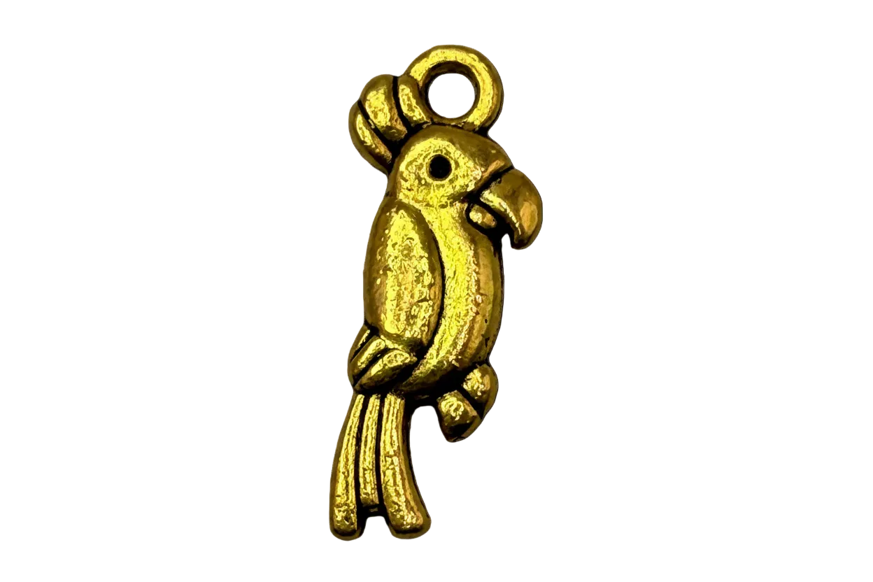 Gold parrot charm with perched bird silhouette and textured finish