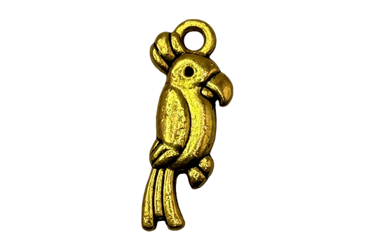 Gold parrot charm with perched bird silhouette and textured finish