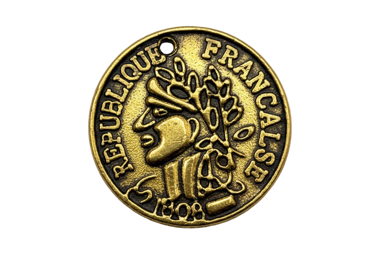 Antiqued gold coin-style medallion with raised French lettering and profile portrait