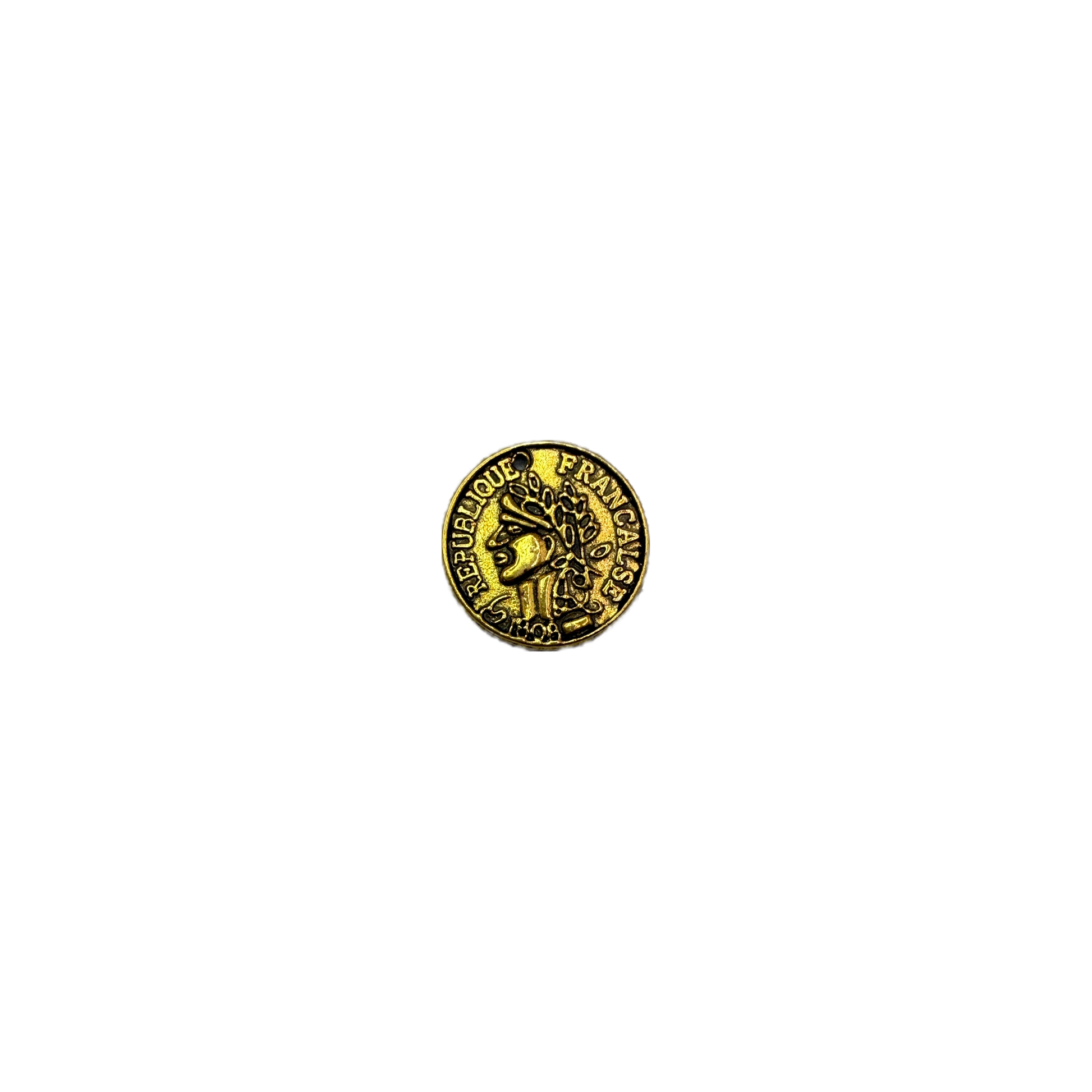 Antiqued gold coin medallion with French lettering and portrait