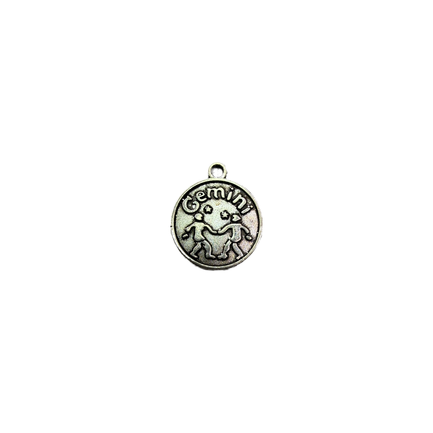 Antiqued silver Gemini medallion with raised twins