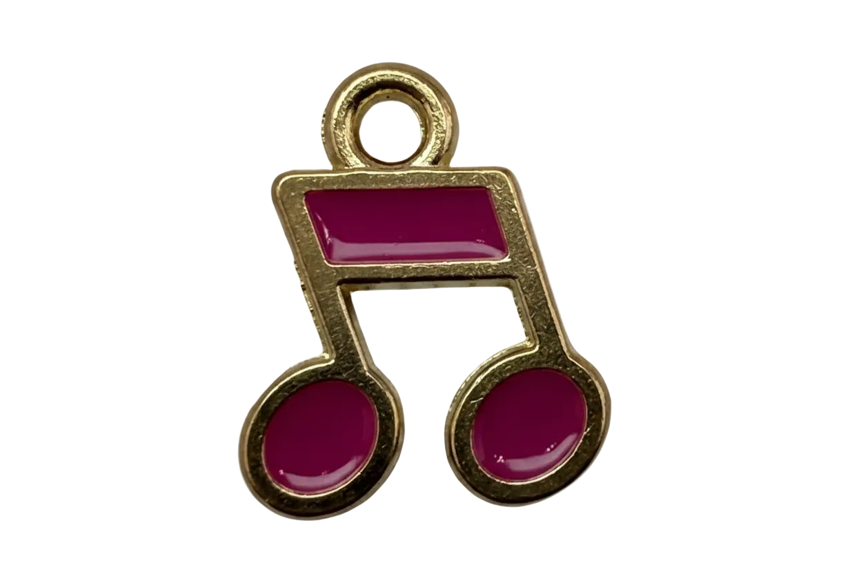Gold musical note with glossy magenta enamel accents