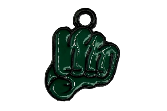 Glossy deep green raised fist enamel piece with dark outline and silver-tone top