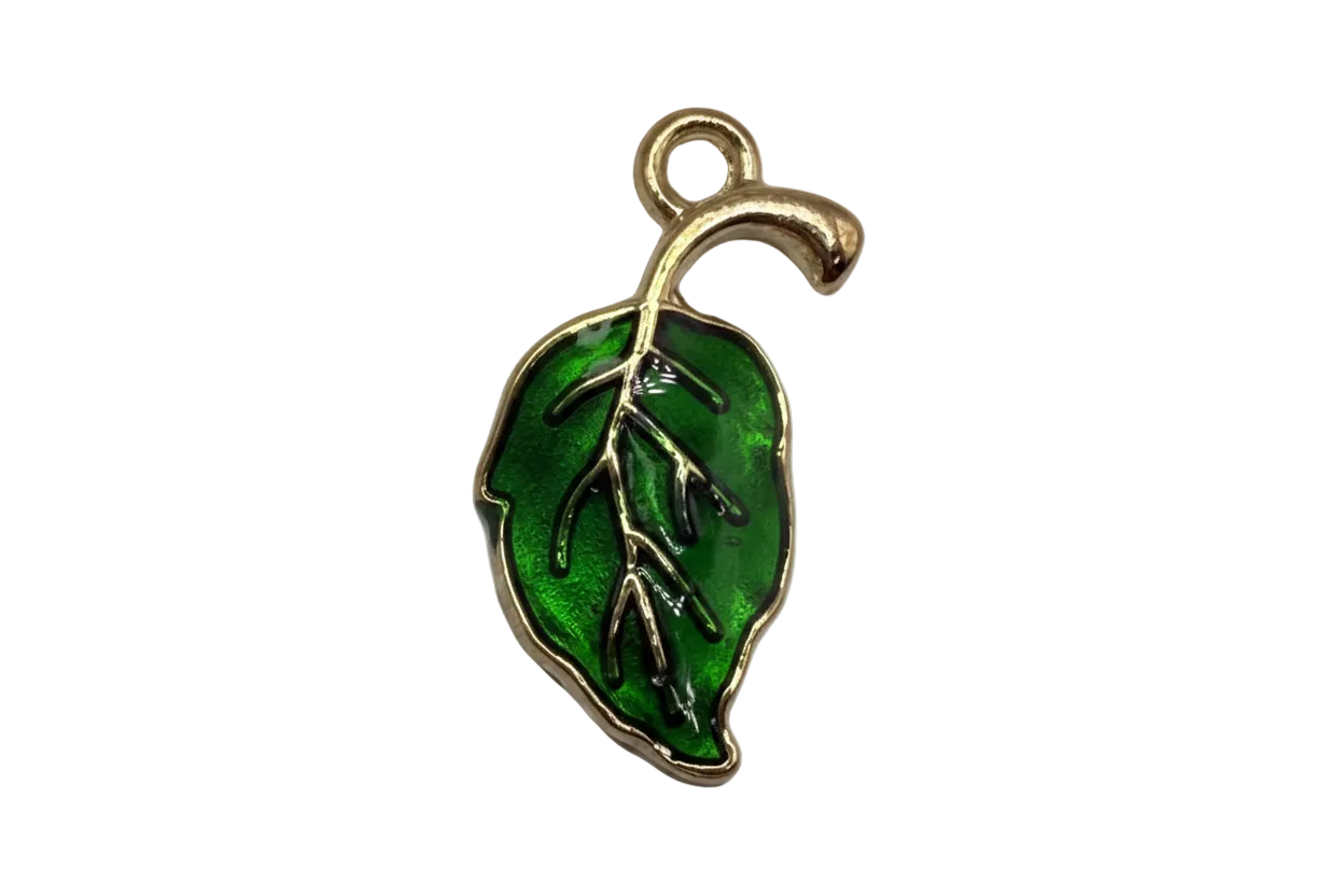 Emerald green leaf with raised vein details and gold outline
