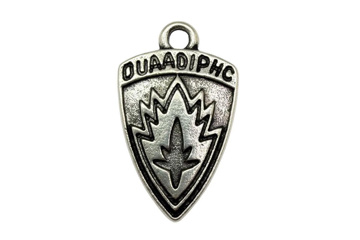 Antiqued silver-tone shield emblem with raised lettering and a stylized flame motif