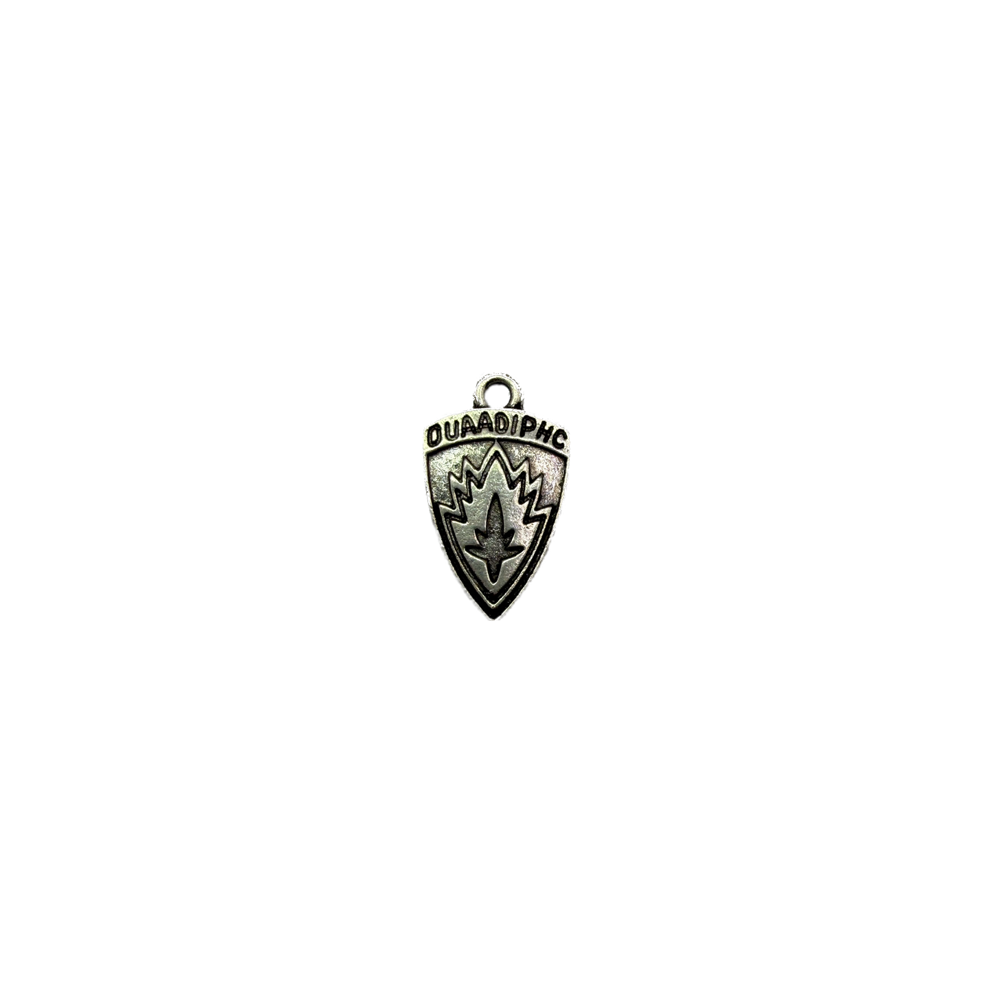 Antiqued silver shield emblem with raised lettering and flame motif